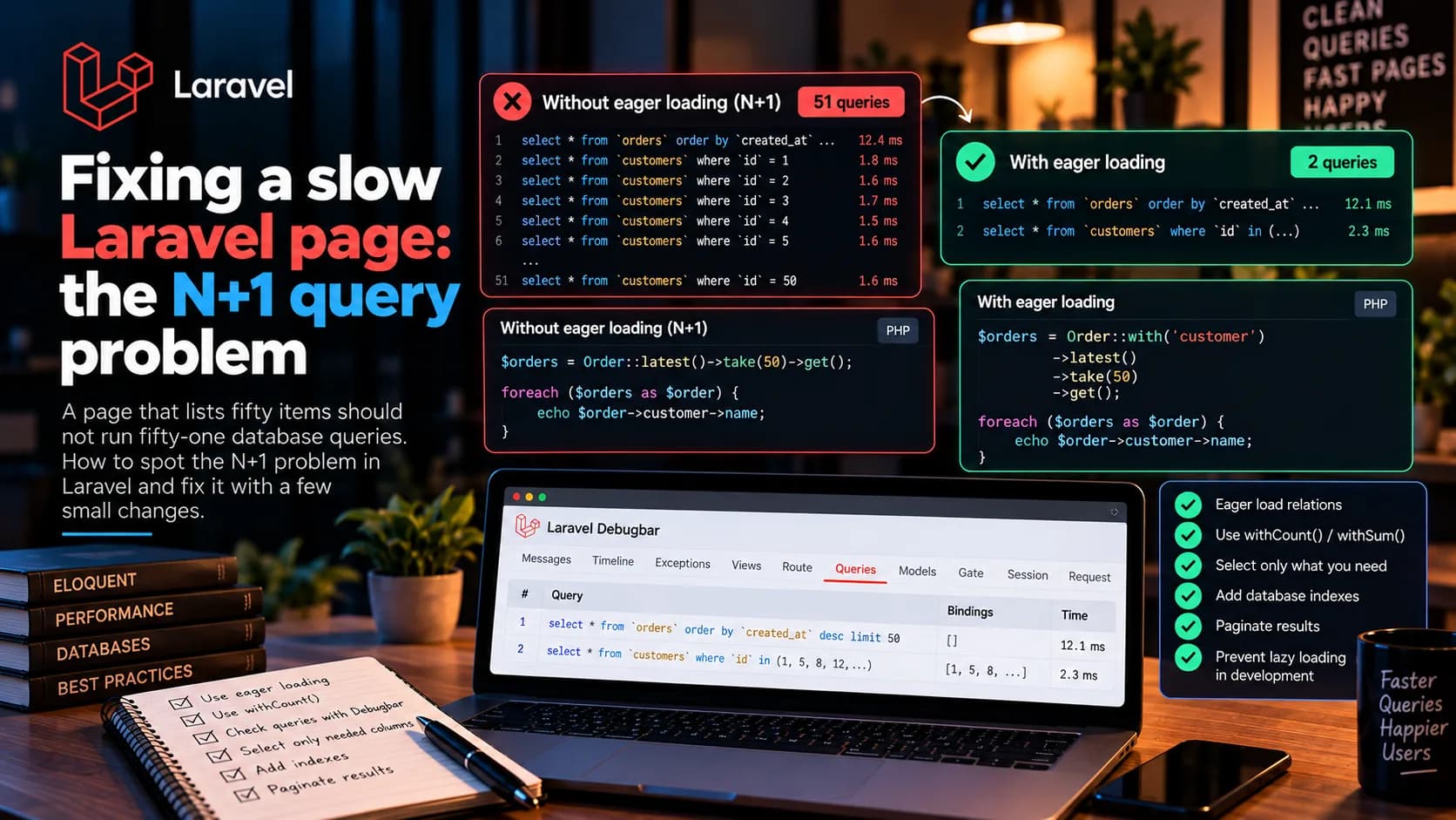 Fixing a slow Laravel page: the N+1 query problem, cover