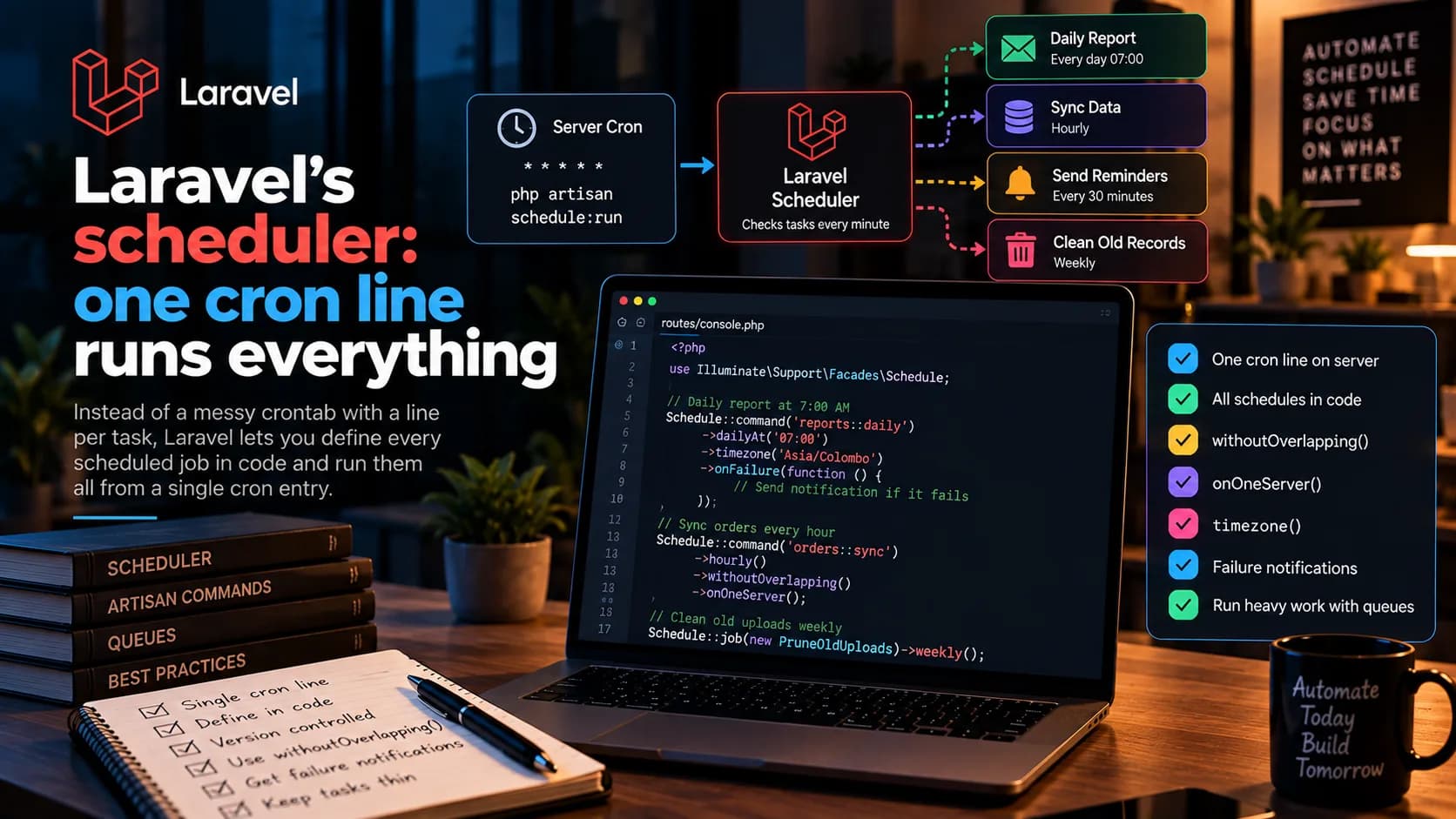 Laravel's scheduler: one cron line runs everything, cover